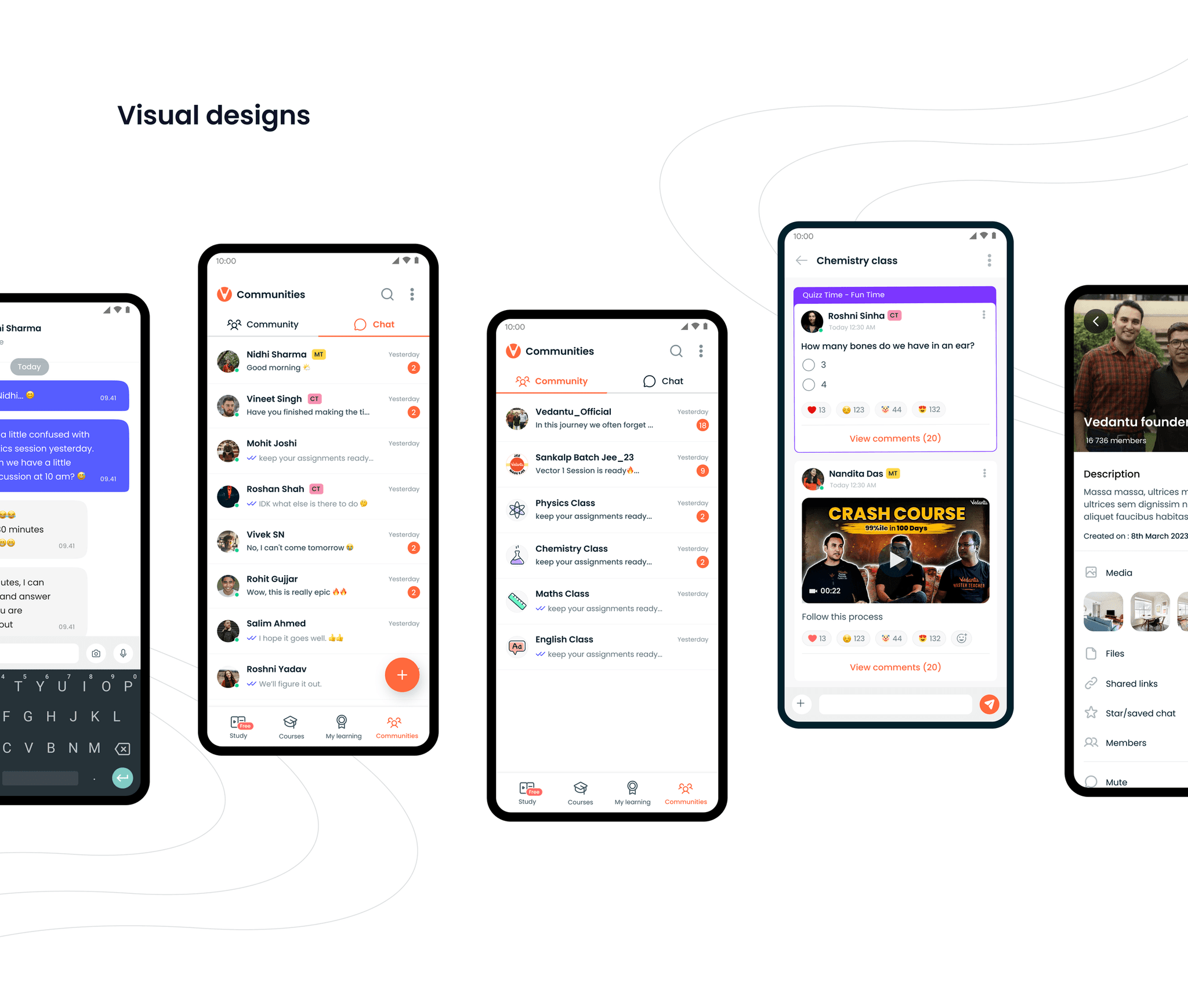 Visual designs — Chat, Communities listing, Community channel, and Media screens
