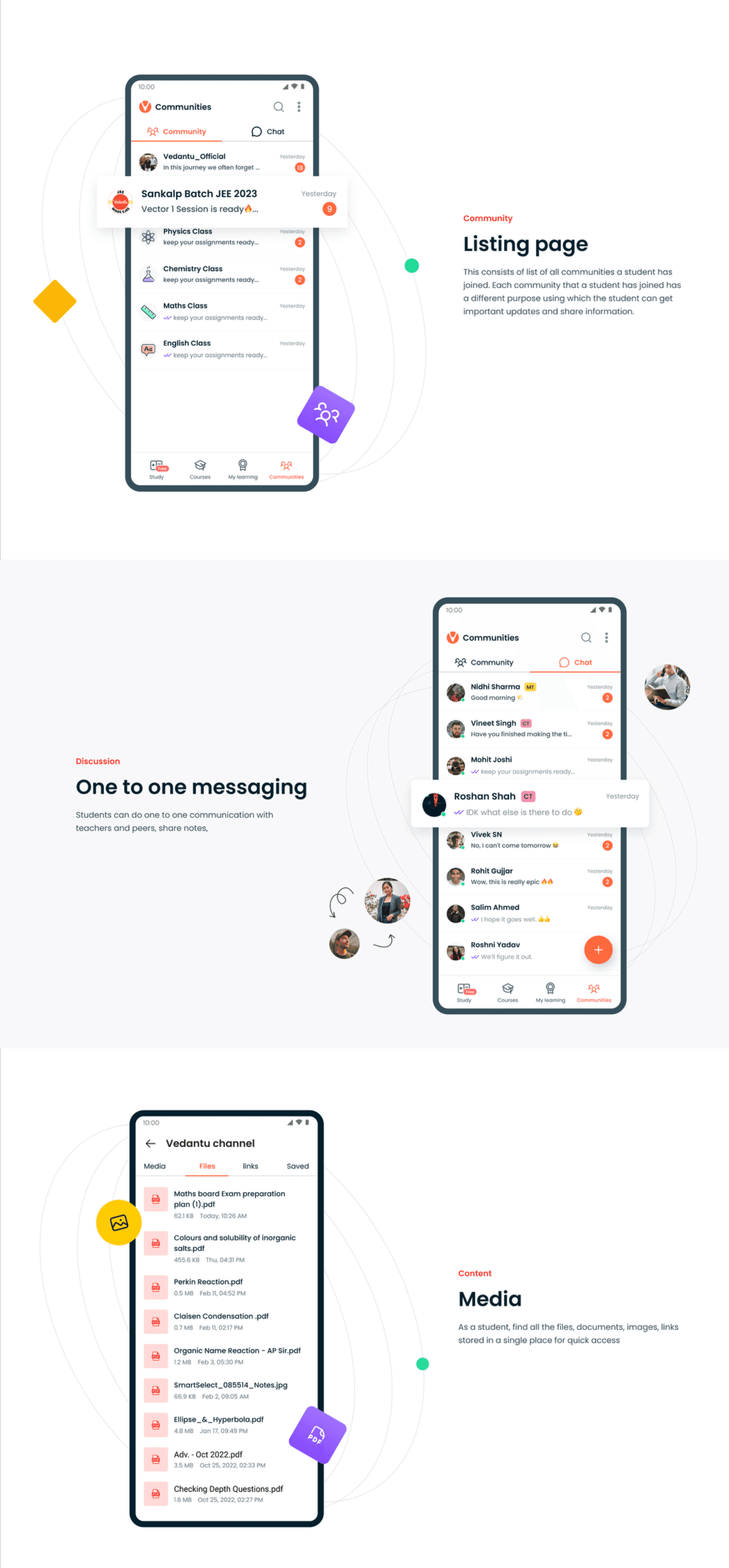Listing page, one to one messaging, and media screens