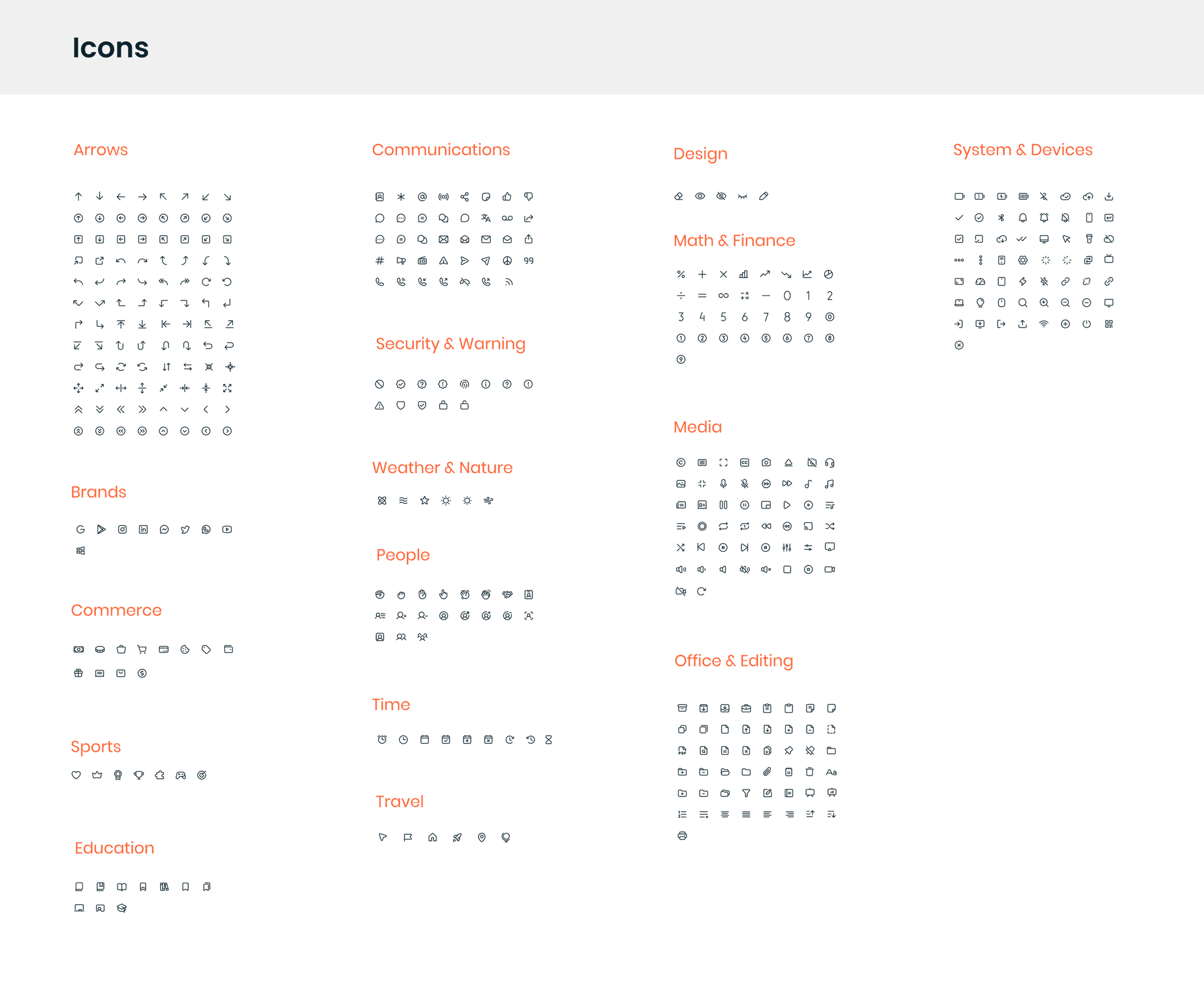 Vedantu Design System — Complete icon library categorized by Arrows, Brands, Commerce, Sports, Education, Communications, Security, Weather, People, Time, Travel, Design, Math & Finance, Media, Office & Editing, System & Devices