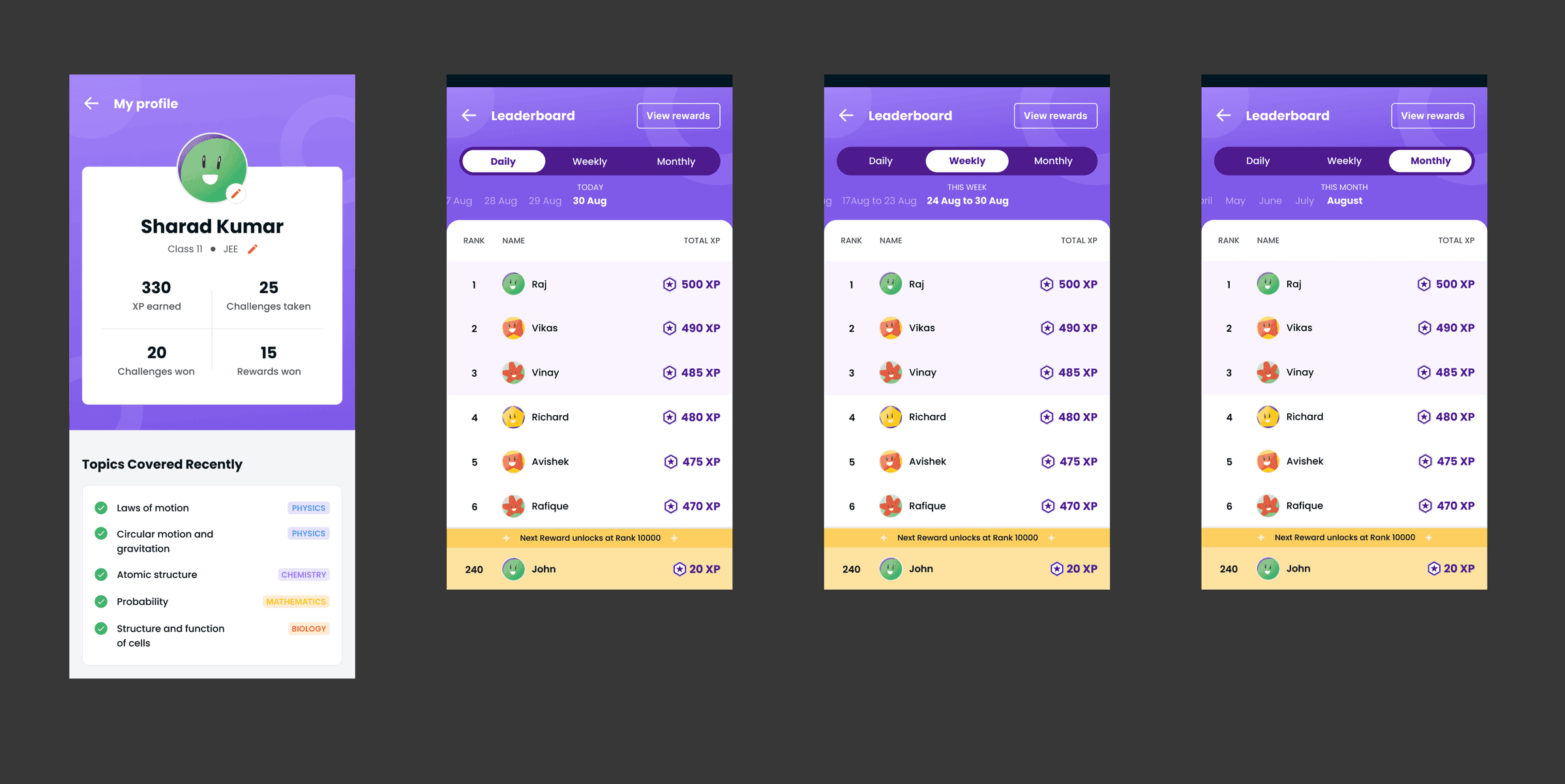 Profile and leaderboard screens